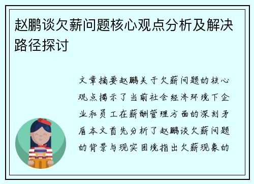 赵鹏谈欠薪问题核心观点分析及解决路径探讨